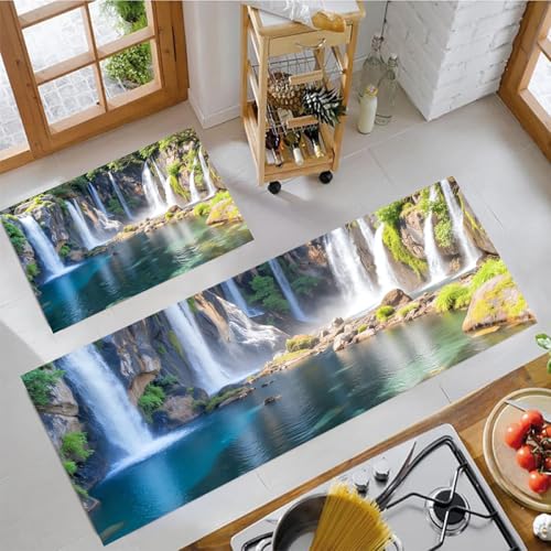JEDTAKCT Küchenteppich Sets 2 Stück Wasserfälle Seen rutschfeste Küchenteppiche Matten Waschbare Flur Teppiche Naturlandschaften Küchenbodenmatte Läufer Teppiche, Smaragdgrün, 50X80Cm+50X150Cm von JEDTAKCT