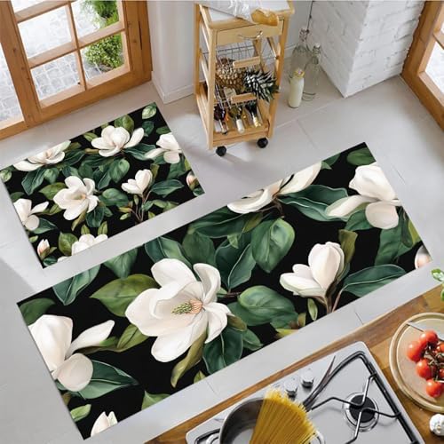 JEDTAKCT Küchenteppiche 2 Stück, 3D Natürliche Magnolie rutschfest Dauerhaft Küchenläufer, Pflanzenillustration Anti-Müdigkeit Teppich Flurläufer Für Küche Wohnzimmer, Dunkelgrün, 44X75Cm+44X120Cm von JEDTAKCT