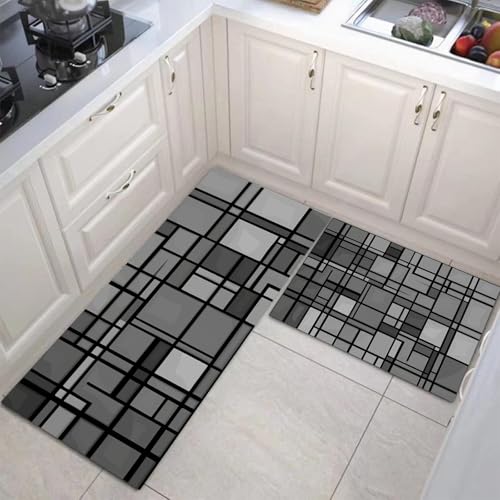 JEDTAKCT Küchenteppiche 2 Stück, Rutschfestes Küchenmatten, Anthrazitgrau Küchenmatten Set Mit Einfache Quadrate Für Badezimmer Wohnzimmer, Leicht Abwaschbar (Moderne Geometrie, 40X60Cm+40X120Cm) von JEDTAKCT