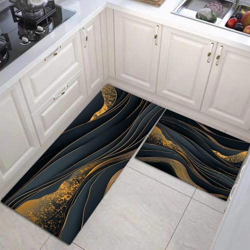 JEDTAKCT Küchenteppiche 2 Stück, Rutschfestes Küchenmatten, Anthrazitschwarz Küchenmatten Set Mit 3D-Goldfolienwelle Für Badezimmer Wohnzimmer, Leicht Abwaschbar (Einfacher Marmor, 50X80Cm+50X150Cm) von JEDTAKCT