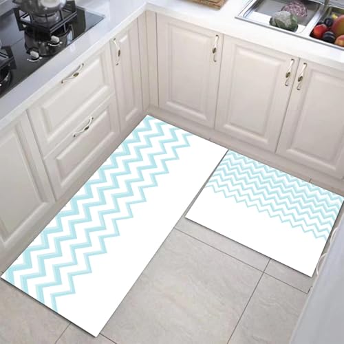 JEDTAKCT Küchenteppiche 2 Stück, Rutschfestes Küchenmatten, Babyblau Küchenmatten Set Mit Simplex-Geometrie Für Badezimmer Wohnzimmer, Leicht Abwaschbar (Moderne Kunst, 43X75Cm+43X150Cm) von JEDTAKCT