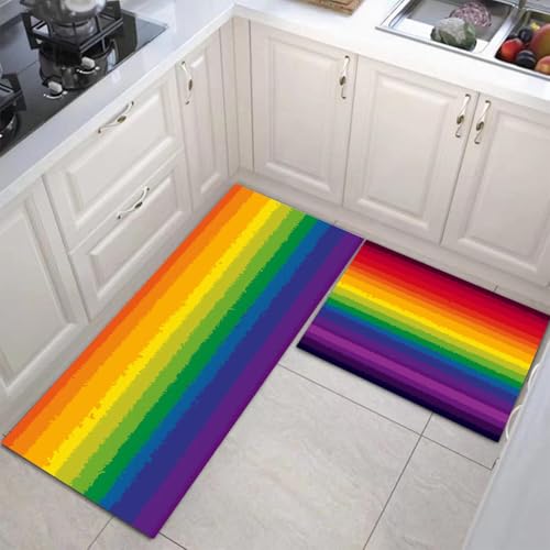 JEDTAKCT Küchenteppiche 2 Stück, Rutschfestes Küchenmatten, Bunt Küchenmatten Set Mit Regenbogenstreifen Für Badezimmer Wohnzimmer, Leicht Abwaschbar (Handgezeichnetes Banner, 50X80Cm+50X150Cm) von JEDTAKCT
