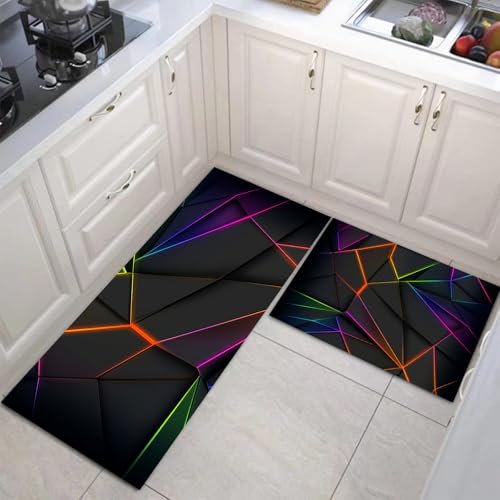 JEDTAKCT Küchenteppiche 2 Stück, Rutschfestes Küchenmatten, Dunkelgrau Küchenmatten Set Mit 3D Neon Geometrie Für Badezimmer Wohnzimmer, Leicht Abwaschbar (Abstrakte Kunst, 43X75Cm+43X150Cm) von JEDTAKCT