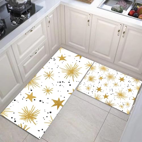 JEDTAKCT Küchenteppiche 2 Stück, Rutschfestes Küchenmatten, Gold Küchenmatten Set Mit Cartoon Sternenhimmel Für Badezimmer Wohnzimmer, Leicht Abwaschbar (Handgezeichnete Geometrie, 44X75Cm+44X120Cm) von JEDTAKCT