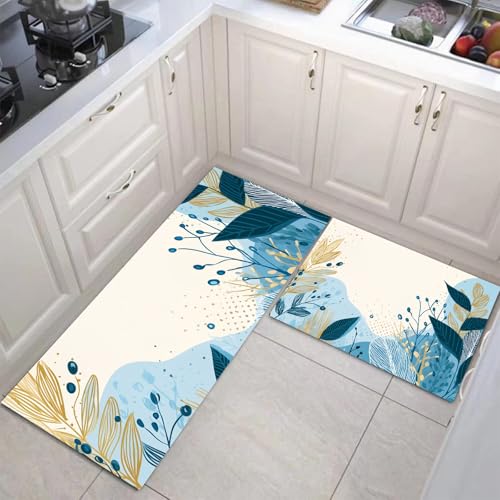 JEDTAKCT Küchenteppiche 2 Stück, Rutschfestes Küchenmatten, Hellblau Küchenmatten Set Mit Abstrakte Flora Für Badezimmer Wohnzimmer, Leicht Abwaschbar (Böhmische Geometrie, 50X80Cm+50X150Cm) von JEDTAKCT