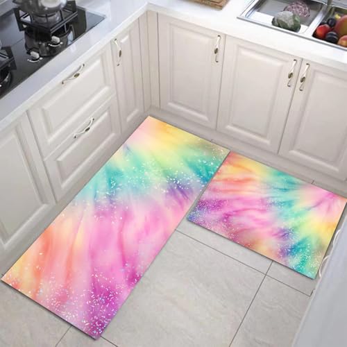 JEDTAKCT Küchenteppiche 2 Stück, Rutschfestes Küchenmatten, Hellrosa Küchenmatten Set Mit Regenbogen-Batik Für Badezimmer Wohnzimmer, Leicht Abwaschbar (Funkelnder Sternenhimmel, 43X75Cm+43X150Cm) von JEDTAKCT