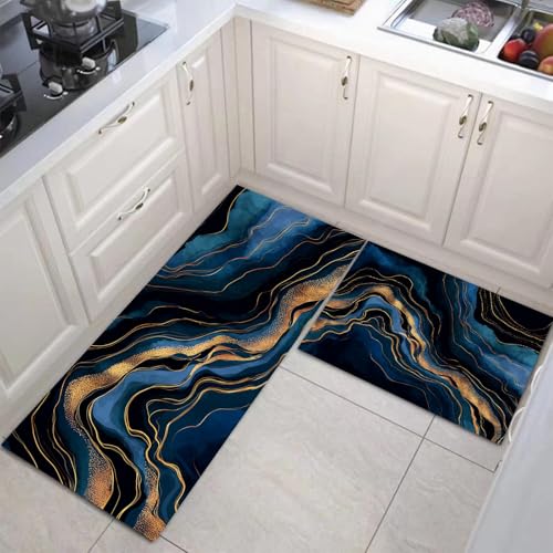 JEDTAKCT Küchenteppiche 2 Stück, Rutschfestes Küchenmatten, Indigo Küchenmatten Set Mit Abstrakte Wellen Für Badezimmer Wohnzimmer, Leicht Abwaschbar (Aquarell Marmor, 50X80Cm+50X150Cm) von JEDTAKCT