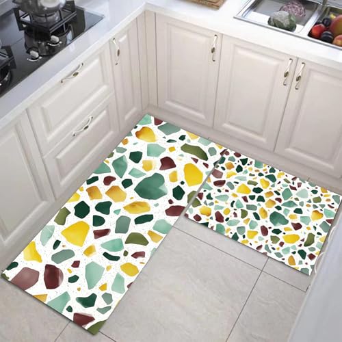 JEDTAKCT Küchenteppiche 2 Stück, Rutschfestes Küchenmatten, Mintgrün Küchenmatten Set Mit Geometrischer Terrazzo Für Badezimmer Wohnzimmer, Leicht Abwaschbar (Aquarellillustration, 50X80Cm+50X150Cm) von JEDTAKCT