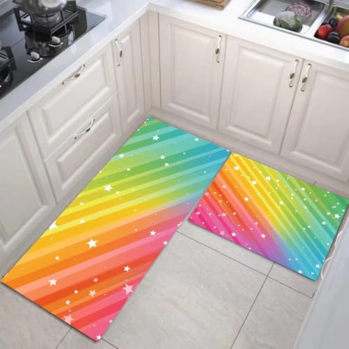 JEDTAKCT Küchenteppiche 2 Stück, Rutschfestes Küchenmatten, Mintgrün Küchenmatten Set Mit Regenbogenstreifen Für Badezimmer Wohnzimmer, Leicht Abwaschbar (Verträumter Sternenhimmel, 44X75Cm+44X120Cm) von JEDTAKCT