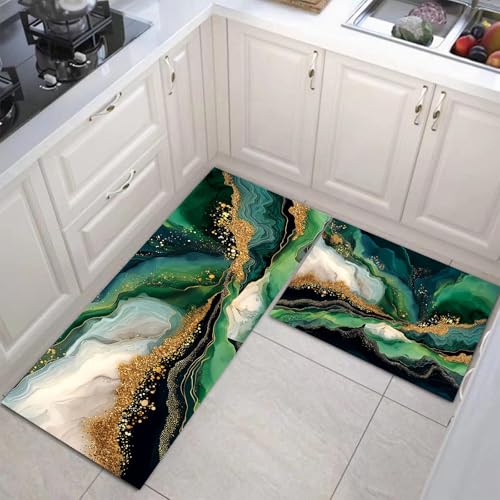JEDTAKCT Küchenteppiche 2 Stück, Rutschfestes Küchenmatten, Smaragdgrün Küchenmatten Set Mit Abstrakter Fluss Für Badezimmer Wohnzimmer, Leicht Abwaschbar (Luxuriöser Marmor, 40X60Cm+40X120Cm) von JEDTAKCT