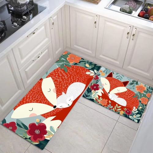 JEDTAKCT Küchenteppiche 2 Stück, Rutschfestes Küchenmatten, Smaragdgrün Küchenmatten Set Mit Cartoon Fuchs Für Badezimmer Wohnzimmer, Leicht Abwaschbar (Lustige Tiere, 44X75Cm+44X120Cm) von JEDTAKCT