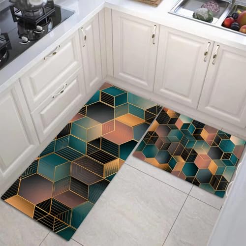 JEDTAKCT Küchenteppiche 2 Stück, Rutschfestes Küchenmatten, Türkis Küchenmatten Set Mit Goldfolien-Sechsecke Für Badezimmer Wohnzimmer, Leicht Abwaschbar (Luxuriöse Geometrie, 40X60Cm+40X120Cm) von JEDTAKCT