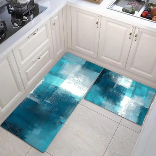 JEDTAKCT Küchenteppiche 2 Stück, Rutschfestes Küchenmatten, Türkis Küchenmatten Set Mit Ölgemälde Graffiti Für Badezimmer Wohnzimmer, Leicht Abwaschbar (Abstrakte Kunst, 50X80Cm+50X150Cm) von JEDTAKCT