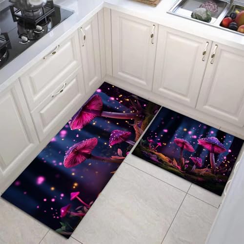 JEDTAKCT Küchenteppiche 2 Stück, Rutschfestes Küchenmatten, Violett Küchenmatten Set Mit Glühwürmchen Pilze Für Badezimmer Wohnzimmer, Leicht Abwaschbar (Fantasiewald, 44X75Cm+44X120Cm) von JEDTAKCT