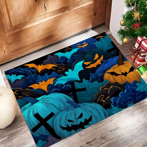 JEDTAKCT Kürbiskreuz Fußmatte Innen Waschbar, Fussmatte Dünn Kurzflor, Kleiner Halloween Fledermaus Eingangsteppich, Bettvorleger rutschfest Für Ecke Küche, Türkis, 80X120Cm von JEDTAKCT