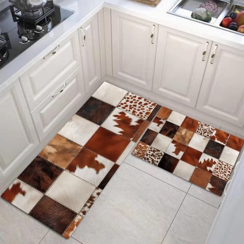 JEDTAKCT Kuh Patchwork Küchenmatten 2Er Set, 44X75Cm+44X120Cm Küchenteppich Waschbar rutschfest, Küchenteppiche, Tan Küchenläufer Für Badezimmer Zuhause Büro (Natürliche Tiere) von JEDTAKCT