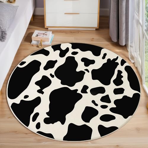 JEDTAKCT Landkuhmuster Teppich Rund 60 cm rutschfest Teppiche Wohnzimmer, Klassisches Tier Waschbar Teppiche Kurzflor Weich Runder Teppich Schwarz Und Weiß for Schlafzimmer Studie Heimbüro von JEDTAKCT