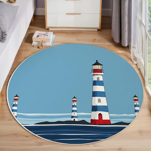 JEDTAKCT Leuchtturmstreifen Teppich, Waschbar 160 cm Runder Teppich Für Schlafzimmer, Nautisches Thema Kinderteppich, Rutschfester Kreis Weicher Marineblau Für Schlafsaal Kinderzimmer Sofa von JEDTAKCT
