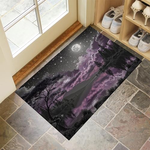 JEDTAKCT Lila Grau Waschbarer Teppich Vollmond Sternenhimmel Muster 60X90Cm Seenlandschaft Eingangsbereich Modern Fußmatte Badezimmerteppich Weich rutschfest Kleiner Kurzflor Bad Schlafzimmer von JEDTAKCT