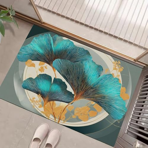 JEDTAKCT Linie Ginkgoblatt Teppich Wohnzimmer Schlafzimmer Abstrakte Kunst Waschbare Fußmatte Innen Türkis Kurzflor rutschfest Dünne Fussmatte Schmutzfangmatte Für Küche 40X60Cm von JEDTAKCT