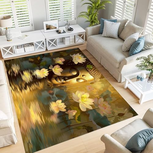 JEDTAKCT Lotus Bronze Statue Teppich 200X300Cm Bronze – Weicher Kurzflor Teppiche Mit Orientalische Landschaft – Waschbar Pflegeleicht, Deko Teppich Für Wohnzimmer Schlafzimmer Jugendzimmer von JEDTAKCT