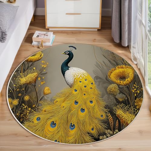 JEDTAKCT Luxus Pfau Teppich, Waschbar 60 cm Runder Teppich Für Schlafzimmer, Ölgemälde Tier Kinderteppich, Rutschfester Kreis Weicher Bronze Für Schlafsaal Kinderzimmer Sofa von JEDTAKCT