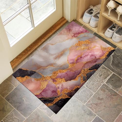 JEDTAKCT Magenta Waschbarer Teppich Blattgold Marmor Muster 90X150Cm Gestreift Geometrisch Eingangsbereich Modern Fußmatte Badezimmerteppich Weich rutschfest Kleiner Kurzflor Bad Schlafzimmer von JEDTAKCT