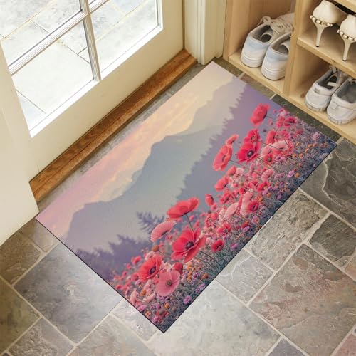 JEDTAKCT Magenta Waschbarer Teppich Natur Mohnblüten Muster 80X120Cm Berglandschaft Eingangsbereich Modern Fußmatte Badezimmerteppich Weich rutschfest Kleiner Kurzflor Bad Schlafzimmer von JEDTAKCT
