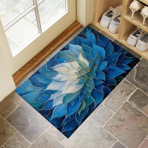 JEDTAKCT Marineblau Waschbarer Teppich 3D Lotus Ölgemälde Muster 80X120Cm Fantasieblumen Eingangsbereich Modern Fußmatte Badezimmerteppich Weich rutschfest Kleiner Kurzflor Bad Schlafzimmer von JEDTAKCT