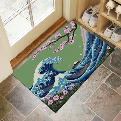 JEDTAKCT Marineblau Waschbarer Teppich Wellen Vor Kanagawa Muster 40X60Cm Japanische Illustration Eingangsbereich Modern Fußmatte Badezimmerteppich Weich rutschfest Kleiner Kurzflor Bad Schlafzimmer von JEDTAKCT