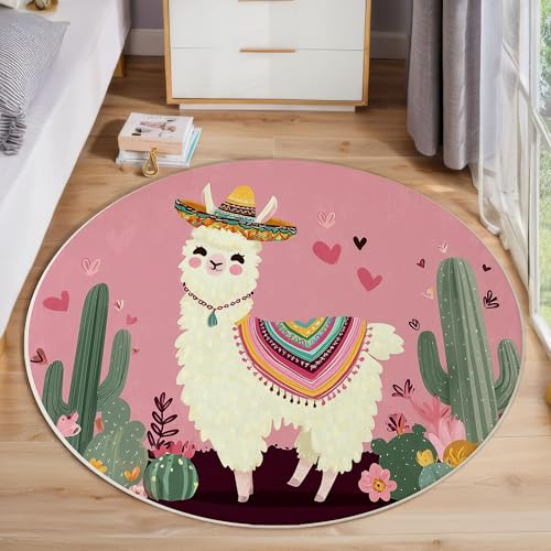 JEDTAKCT Mexikanisches Alpaka Teppich, Waschbar 100 cm Runder Teppich Für Schlafzimmer, Süße Tiere Kinderteppich, Rutschfester Kreis Weicher Magenta Für Schlafsaal Kinderzimmer Sofa von JEDTAKCT