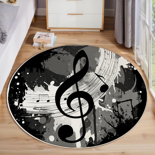 JEDTAKCT Musiknoten-Graffiti Teppich, Waschbar 120 cm Runder Teppich Für Schlafzimmer, Grunge-Rock-Stil Kinderteppich, Rutschfester Kreis Weicher Dunkelgrau Für Schlafsaal Kinderzimmer Sofa von JEDTAKCT