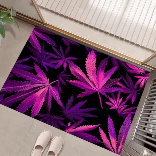 JEDTAKCT Natürliches Cannabisblatt Fussmatte Teppich 80X120Cm, Wohnzimmerteppich Schlafzimmerteppich, Neon Lila Waschbarer Fußmatte, Botanisches Poster Rutschfester Teppich Für Küche Flur Esszimmer von JEDTAKCT