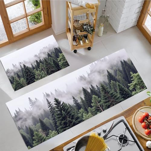 JEDTAKCT Nebelwald Küchenteppich Sets 2 Stück Flur Läufer Naturlandschaft Muster Teppichläufer Dunkelgrün Küchenläufer Teppiche rutschfest Waschbar Für Bettvorleger 40X60Cm+40X120Cm JEDTAKCT Nebelwald Küchenteppich Sets 2 Stück Flur Läufer Naturlandschaft Muster Teppichläufer Dunkelgrün Küchenläufer Teppiche rutschfest Waschbar Für Bettvorleger 40X60Cm+40X120Cm von JEDTAKCT