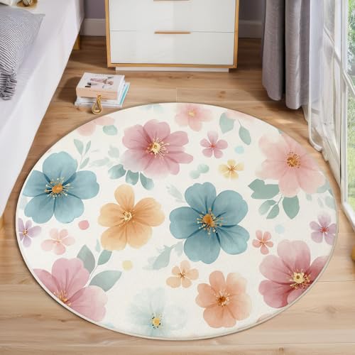 JEDTAKCT Niedliche Blumen Teppich, Waschbar 200 cm Runder Teppich Für Schlafzimmer, Handgemaltes Aquarell Kinderteppich, Rutschfester Kreis Weicher Pastellgrün Für Schlafsaal Kinderzimmer Sofa von JEDTAKCT