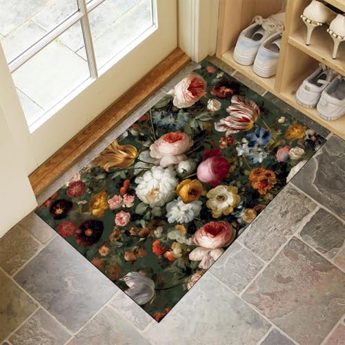 JEDTAKCT Olivgrün Waschbarer Teppich Rose Tulpe Muster 80X120Cm Luxuriöser Barockstil Eingangsbereich Modern Fußmatte Badezimmerteppich Weich rutschfest Kleiner Kurzflor Bad Schlafzimmer von JEDTAKCT