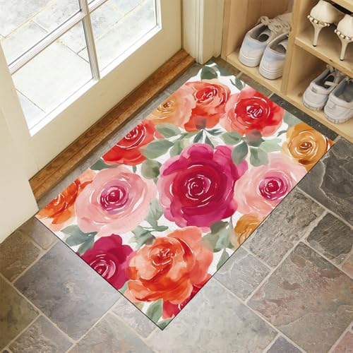 JEDTAKCT Orangerot Waschbarer Teppich Verträumte Rose Muster 60X90Cm Aquarellpflanze Eingangsbereich Modern Fußmatte Badezimmerteppich Weich rutschfest Kleiner Kurzflor Bad Schlafzimmer von JEDTAKCT