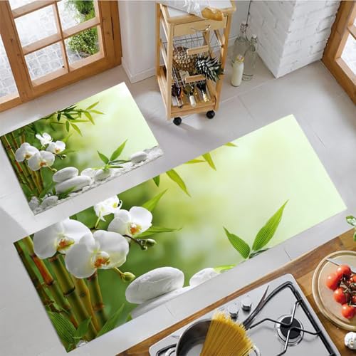 JEDTAKCT Orchidee Bambuswald Küchenteppich Sets 2 Stück Flur Läufer Einfache Felsen Muster Teppichläufer Dunkelgrün Küchenläufer Teppiche rutschfest Waschbar Für Bettvorleger 43X75Cm+43X150Cm von JEDTAKCT