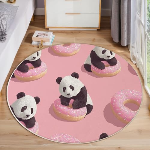 JEDTAKCT Panda Donut Teppich, Waschbar 100 cm Runder Teppich Für Schlafzimmer, Süße Tiere Kinderteppich, Rutschfester Kreis Weicher Pink Für Schlafsaal Kinderzimmer Sofa von JEDTAKCT