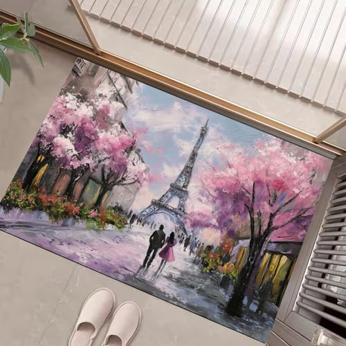 JEDTAKCT Pariser Straßenmalerei Fussmatte Teppich 50X80Cm, Wohnzimmerteppich Schlafzimmerteppich, Puderblau Waschbarer Fußmatte, Kirschblüten Rutschfester Teppich Für Küche Flur Esszimmer JEDTAKCT Pariser Straßenmalerei Fussmatte Teppich 50X80Cm, Wohnzimmerteppich Schlafzimmerteppich, Puderblau Waschbarer Fußmatte, Kirschblüten Rutschfester Teppich Für Küche Flur Esszimmer von JEDTAKCT