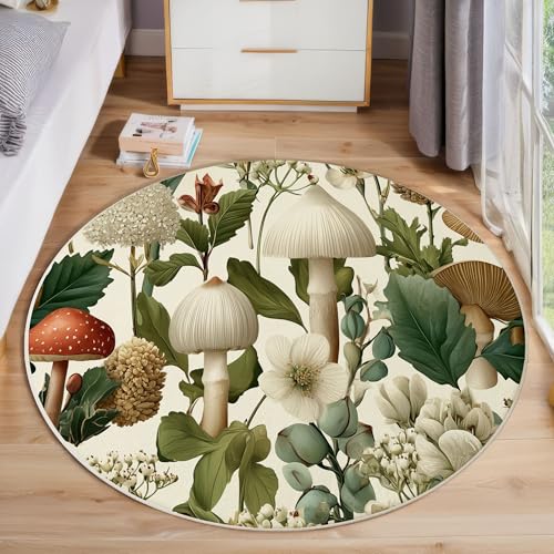 JEDTAKCT Pilzwald Teppich, Waschbar 120 cm Runder Teppich Für Schlafzimmer, Botanische Illustration Kinderteppich, Rutschfester Kreis Weicher Dunkelgrün Für Schlafsaal Kinderzimmer Sofa von JEDTAKCT