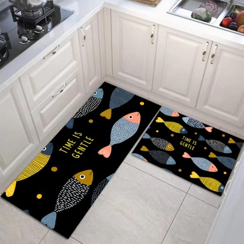 JEDTAKCT Polka Dot Fisch Küchenmatten 2Er Set, 43X75Cm+43X150Cm Küchenteppich Waschbar rutschfest, Küchenteppiche, Tinte Schwarz Küchenläufer Für Badezimmer Zuhause Büro (Cartoon Tiere) von JEDTAKCT