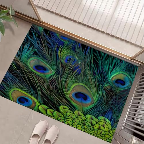 JEDTAKCT Psychedelische Pfauenfedern Fussmatte Teppich 90X150Cm, Wohnzimmerteppich Schlafzimmerteppich, Blaugrün Waschbarer Fußmatte, Tierästhetik Rutschfester Teppich Für Küche Flur Esszimmer von JEDTAKCT