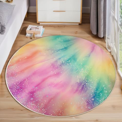 JEDTAKCT Regenbogen-Batik Teppich, Waschbar 80 cm Runder Teppich Für Schlafzimmer, Verträumtes Aquarell Kinderteppich, Rutschfester Kreis Weicher Pink Für Schlafsaal Kinderzimmer Sofa JEDTAKCT Regenbogen-Batik Teppich, Waschbar 80 cm Runder Teppich Für Schlafzimmer, Verträumtes Aquarell Kinderteppich, Rutschfester Kreis Weicher Pink Für Schlafsaal Kinderzimmer Sofa von JEDTAKCT