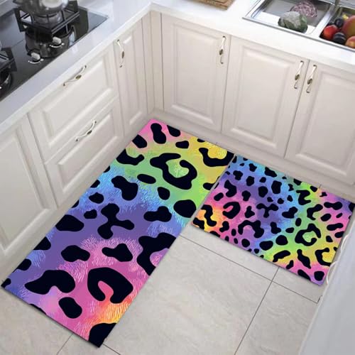 JEDTAKCT Regenbogenleopard Küchenmatten 2Er Set, 50X80Cm+50X150Cm Küchenteppich Waschbar rutschfest, Küchenteppiche, Violett Küchenläufer Für Badezimmer Zuhause Büro (Fantasietiere) von JEDTAKCT