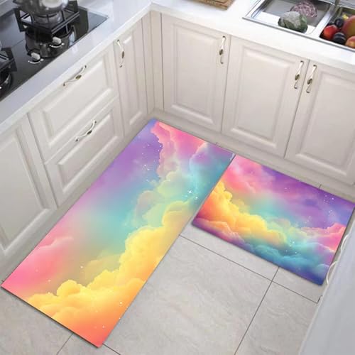 JEDTAKCT Regenbogenwolkenmeer Küchenmatten 2Er Set, 40X60Cm+40X120Cm Küchenteppich Waschbar rutschfest, Küchenteppiche, Violett Küchenläufer Für Badezimmer Zuhause Büro (Verträumter Sternenhimmel) von JEDTAKCT