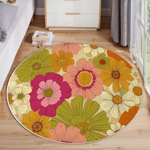 JEDTAKCT Retro-Blumen Teppich Rund 200 cm rutschfest Teppiche Wohnzimmer, Y2K-Stil Poster Waschbar Teppiche Kurzflor Weich Runder Teppich Olivgrün for Schlafzimmer Studie Heimbüro von JEDTAKCT