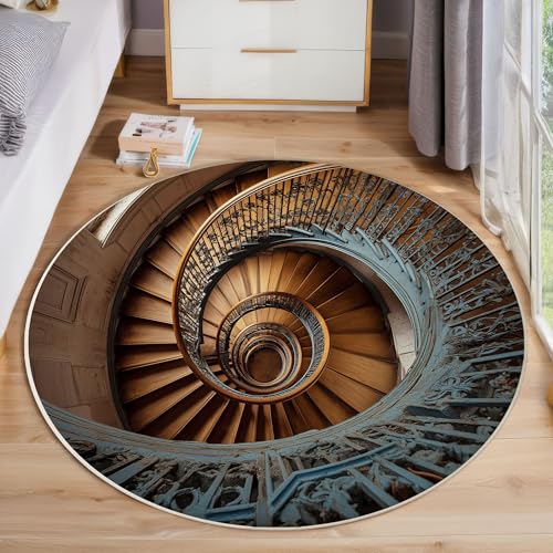 JEDTAKCT Retro-Wendeltreppe Teppich, Waschbar 100 cm Runder Teppich Für Schlafzimmer, Rokoko-Ästhetik Kinderteppich, Rutschfester Kreis Weicher Braun Für Schlafsaal Kinderzimmer Sofa von JEDTAKCT