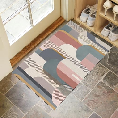 JEDTAKCT Rosa Braun Waschbarer Teppich Einfache Streifen Muster 80X120Cm Moderne Geometrische Eingangsbereich Modern Fußmatte Badezimmerteppich Weich rutschfest Kleiner Kurzflor Bad Schlafzimmer von JEDTAKCT