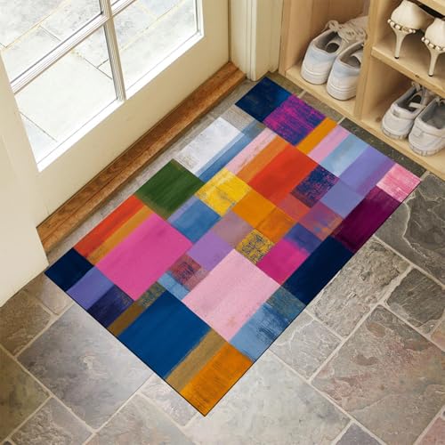 JEDTAKCT Rosa Lila Waschbarer Teppich Abstrakte Geometrie Muster 90X150Cm Modernes Ölgemälde Eingangsbereich Modern Fußmatte Badezimmerteppich Weich rutschfest Kleiner Kurzflor Bad Schlafzimmer von JEDTAKCT